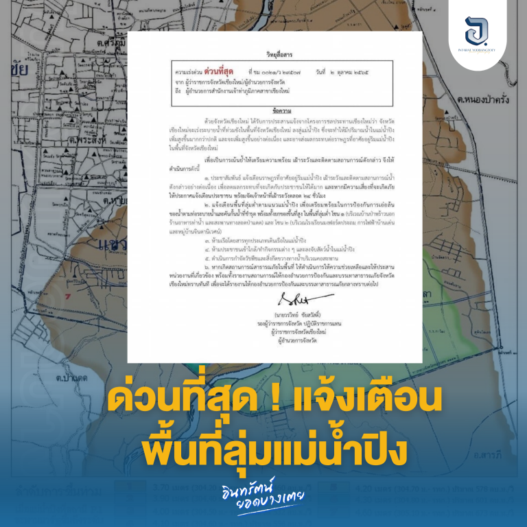 จังหวัดเชียงใหม่ ได้รับการประสานแจ้งจากโครงการชลประทานเชียงใหม่ ว่า จังหวัดเชียงใหม่จะเร่งระบายน้ำที่ท่วมขังในพื้นที่จังหวัดเชียงใหม่ ลงสู่แม่น้ำปิง