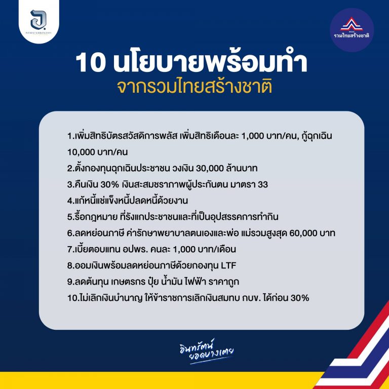 พามาดูนโยบายพร้อมทำ 10 นโยบาย จากพรรครวมไทยสร้างชาติ 